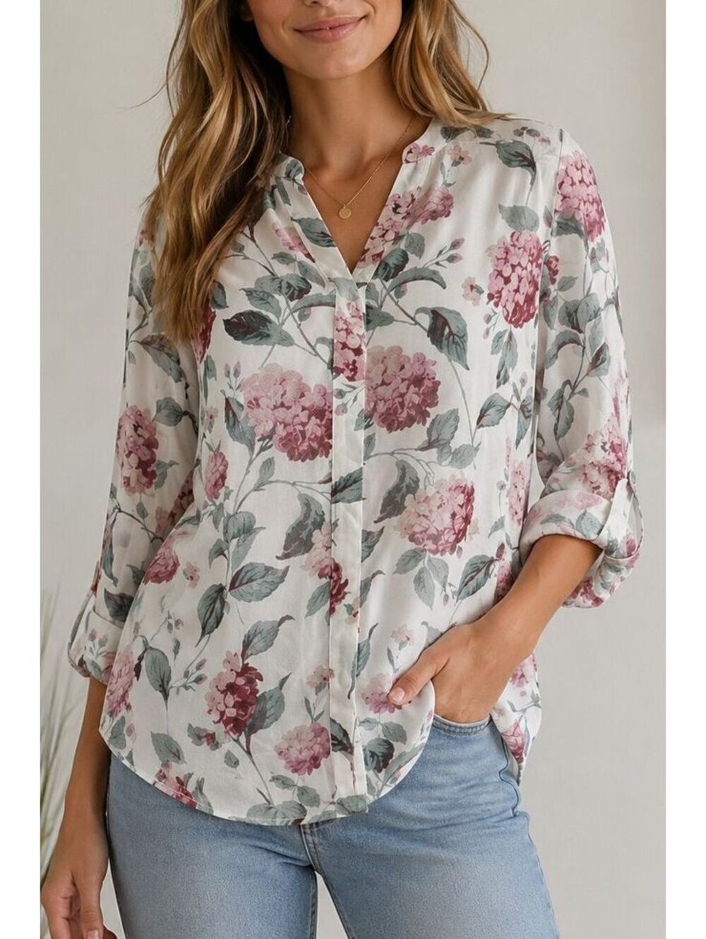 LOFT Floral Blouse Women's Small Pink Botanical Button Front Rollup Long Sleeve